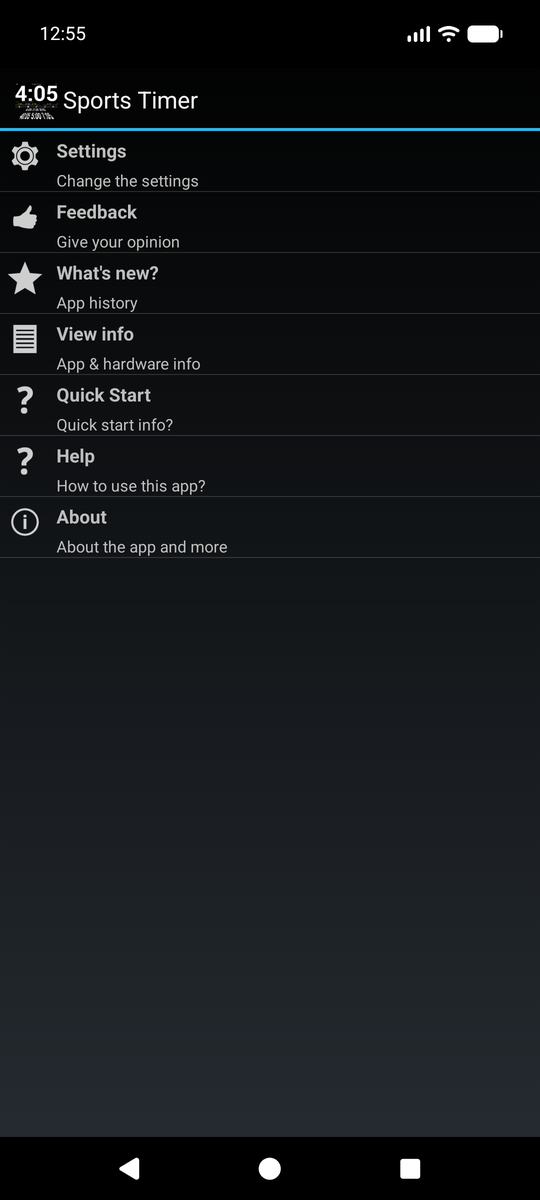 The settings menu of the app