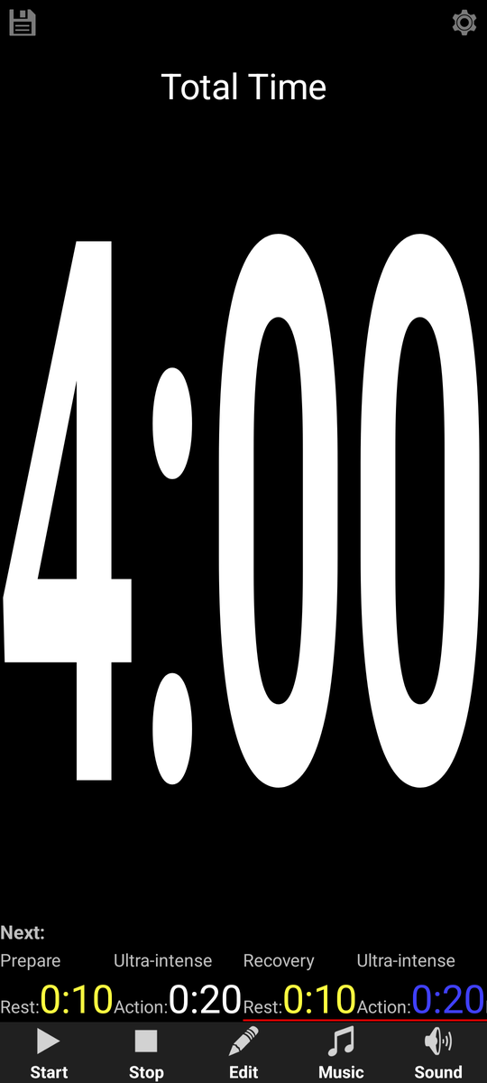 The main screen of Sports Timer showing a total time of 4:00 and the next blocks