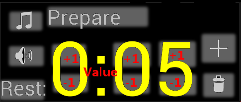 A rest block of 0:05 named Prepare, with a red +1 above each digit and a red -1 below it